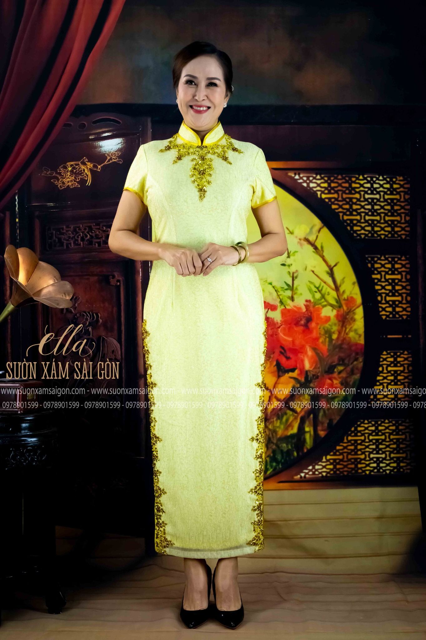Sườn Xám Thiết Kế Kết Hoa Cổ
