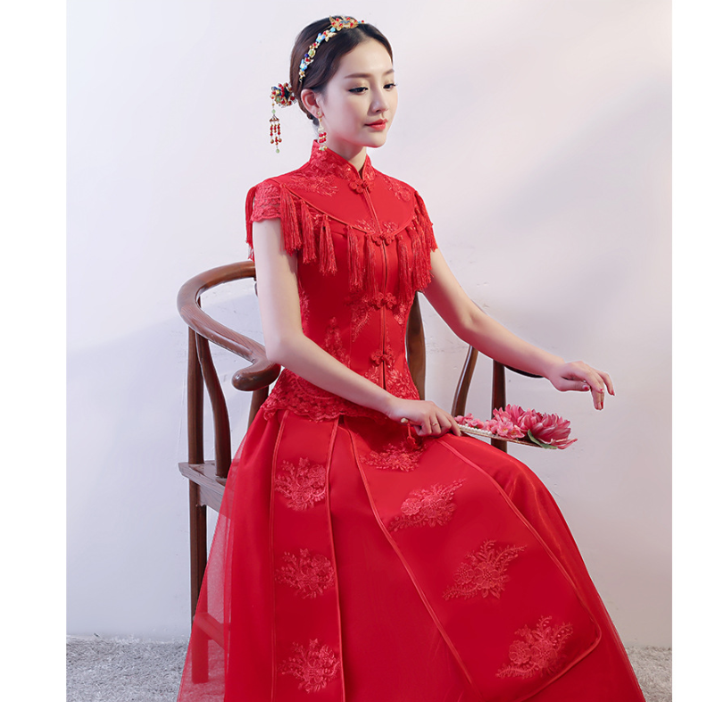 Sườn Xám Khỏa Cưới Lông Tua