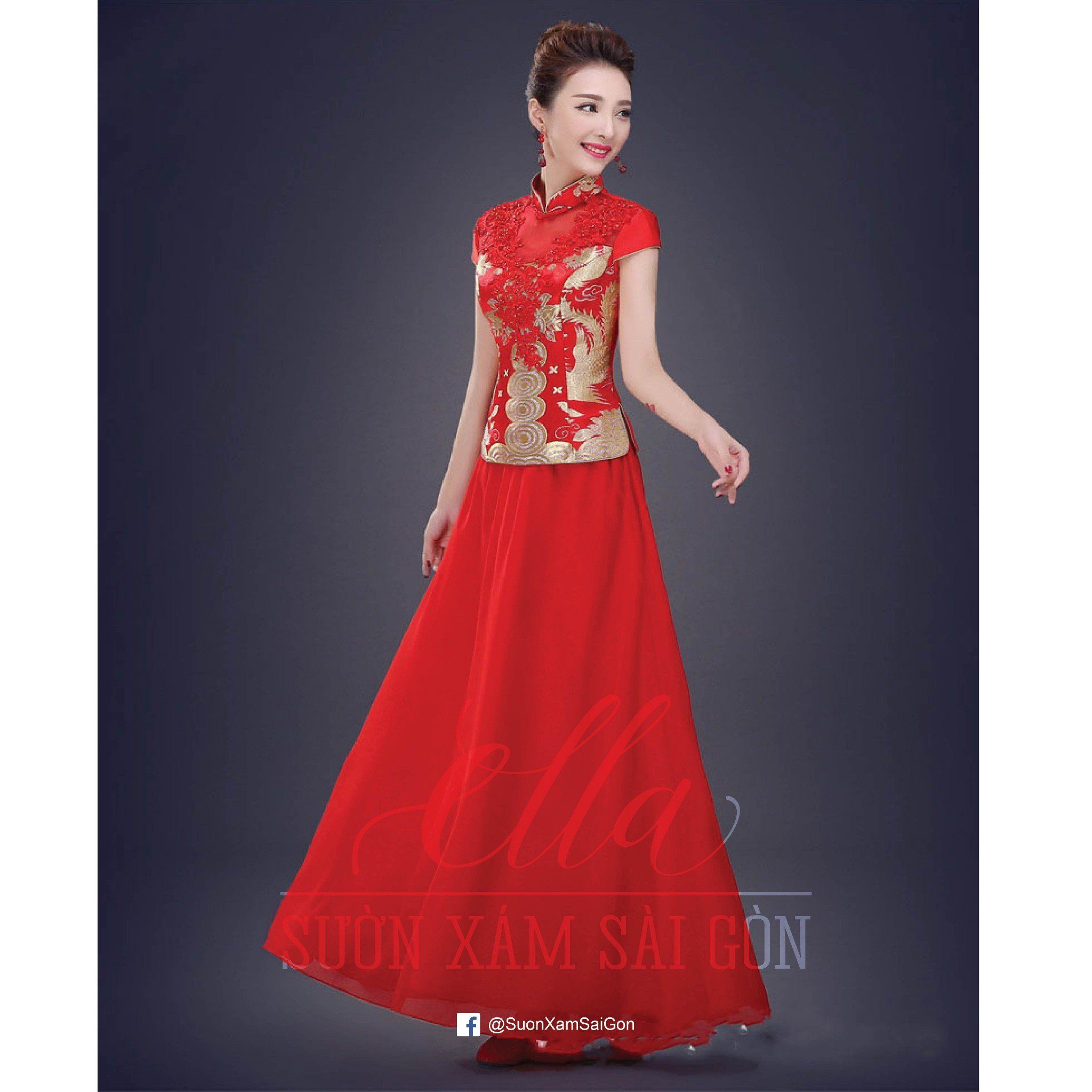 Sườn Xám Cưới Rời Gấm Đắp Ren Tay