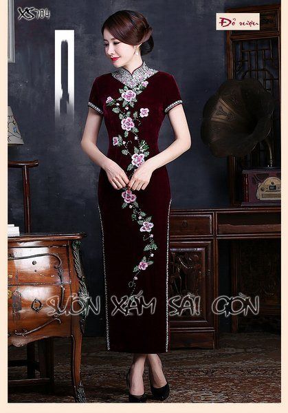 Sườn Xám Nhung Dài Cao Cấp