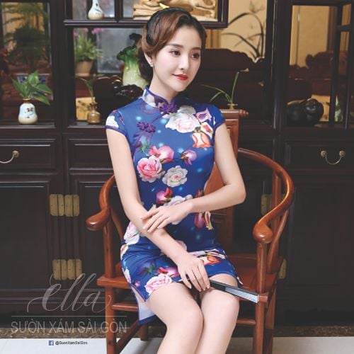 Sườn xám lụa ngắn xanh bích