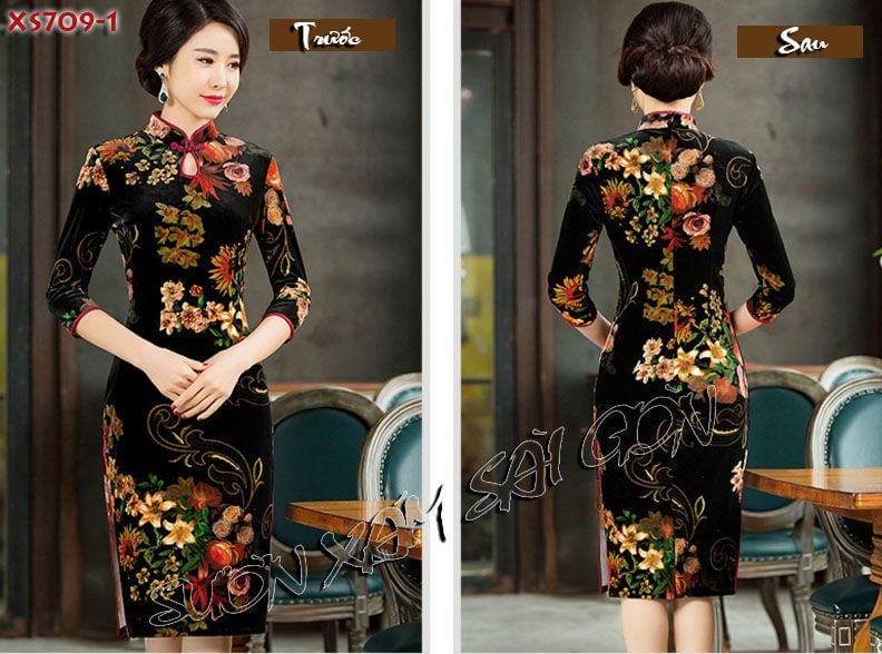 Sườn Xám Nhung Đen Hoa Ly