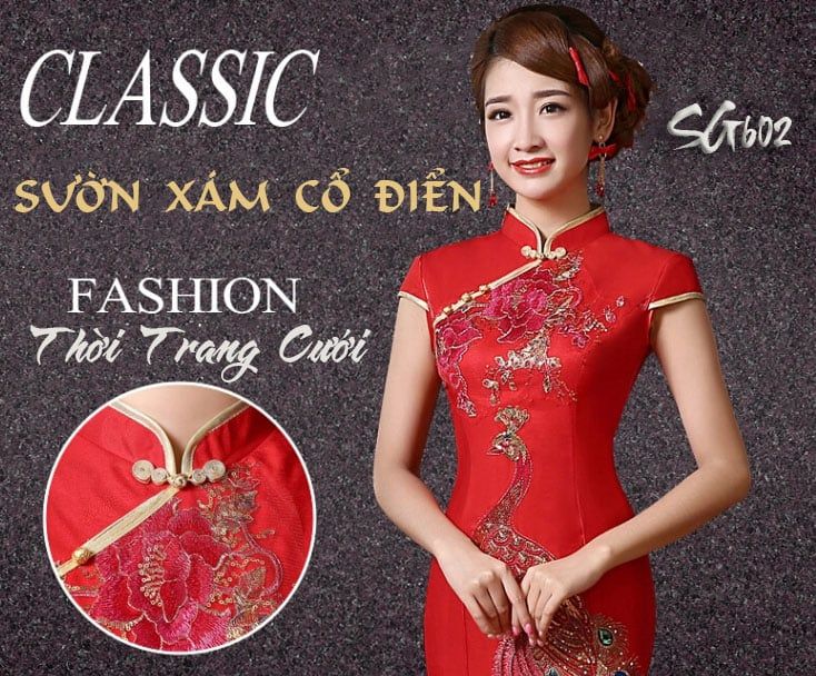 Sườn Xám Cưới Đuôi Cá Công Đính Hạt