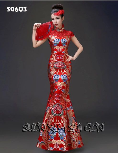 Sườn Xám Gấm Cưới Phả Đuôi Cá