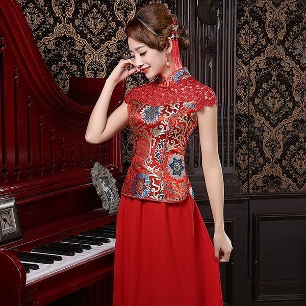 Sườn Xám Cưới Rời Gấm Đắp Ren