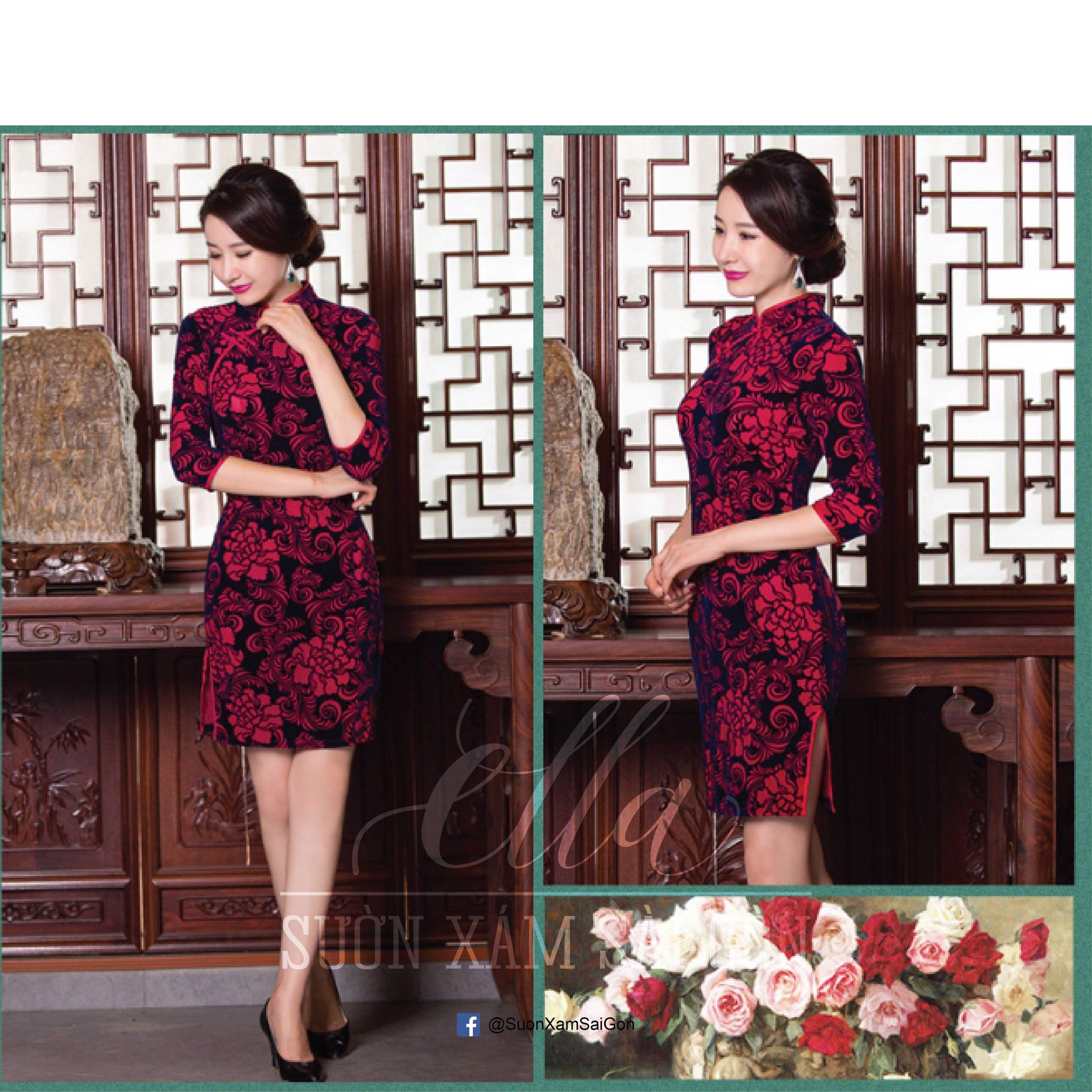 Sườn Xám Nhung Mẩu Đơn Điêu Khắc Đỏ