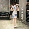 Sườn xám lụa ngắn hoa viền xanh biển