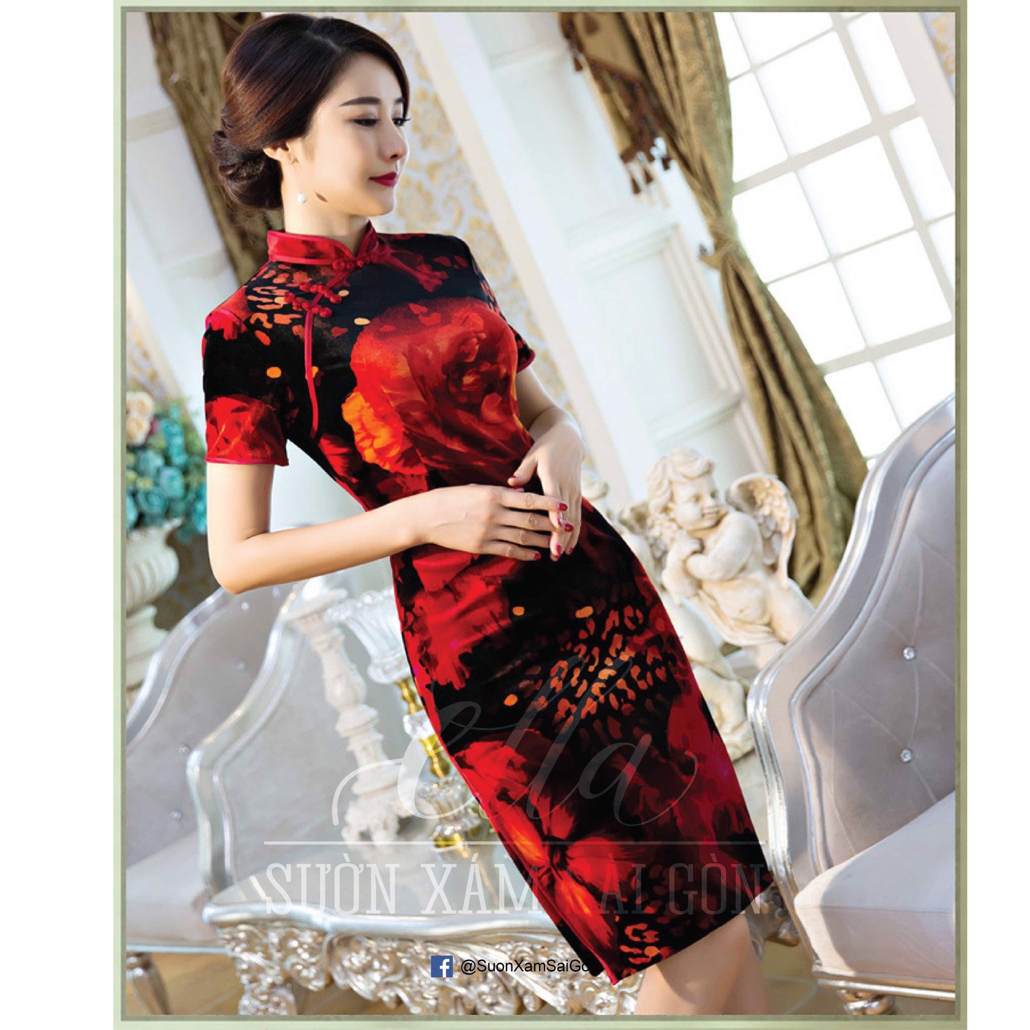 Sườn Xám Nhung Hoa Hồng Lửa