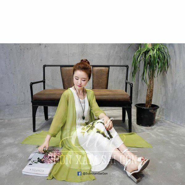 Sườn Xám Đầm Cách Tân khoác Vải Pho Giấy