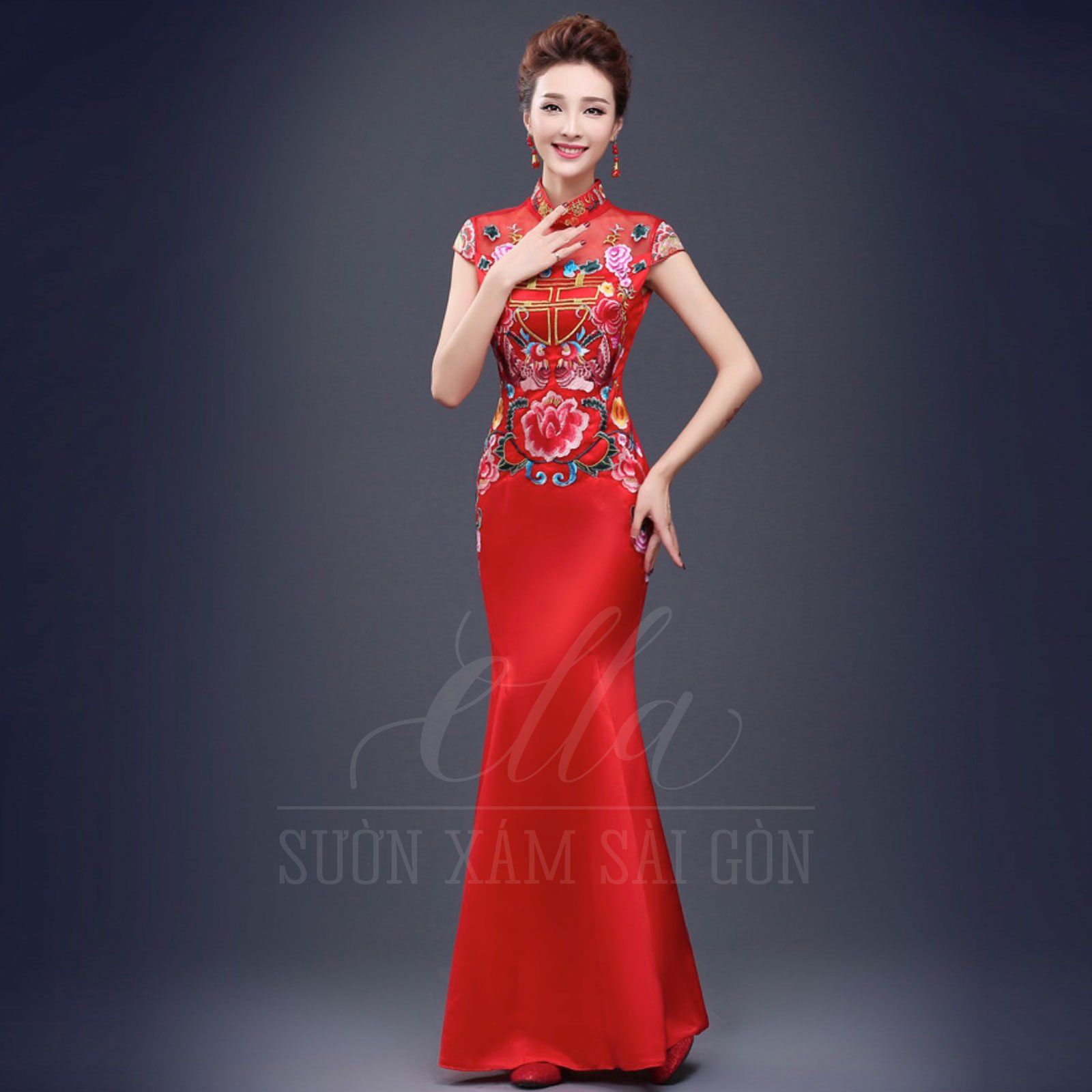 Sườn Xám Cưới Đuôi Cá Song Hỷ