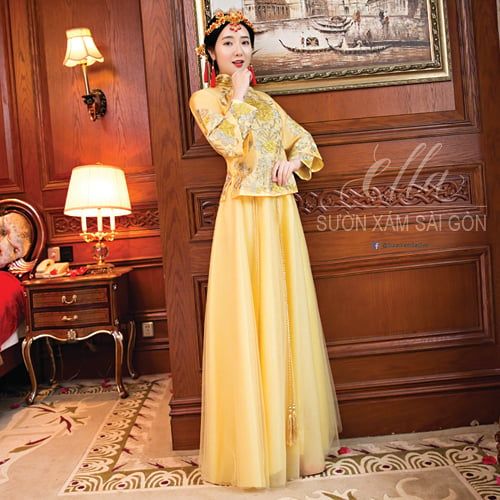 Sườn Xám Cưới Khỏa Vàng