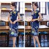 Sườn Xám Nhung Xanh Viền Đôi Kem