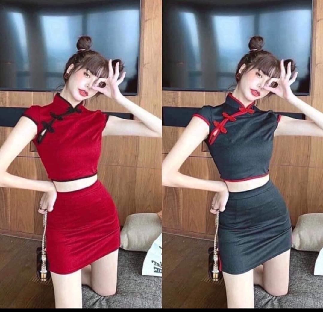 Sườn Xám Sét Rời Nhung Đỏ Jip