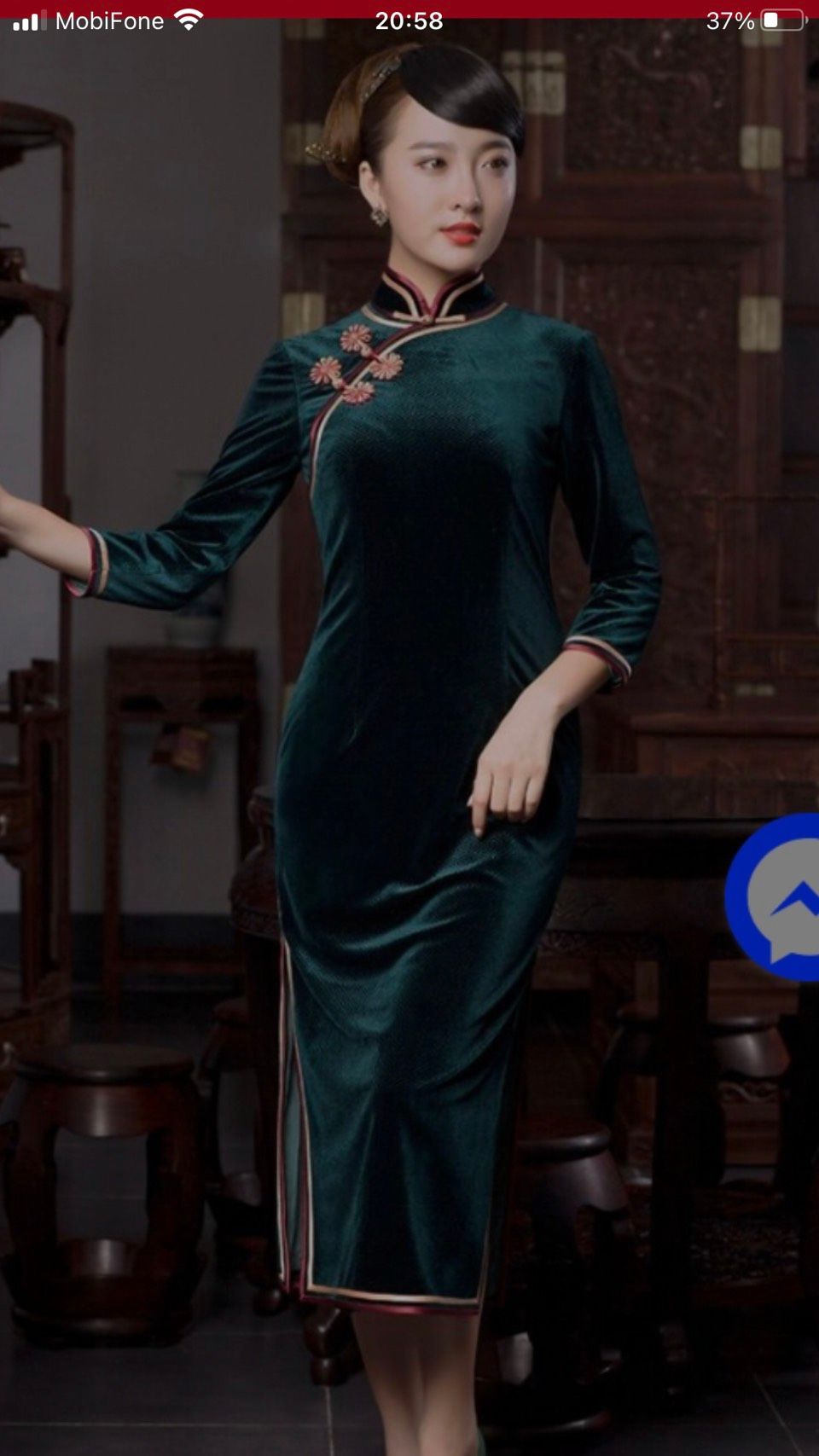 Sườn Xám Nhung Tay Lỡ Viền