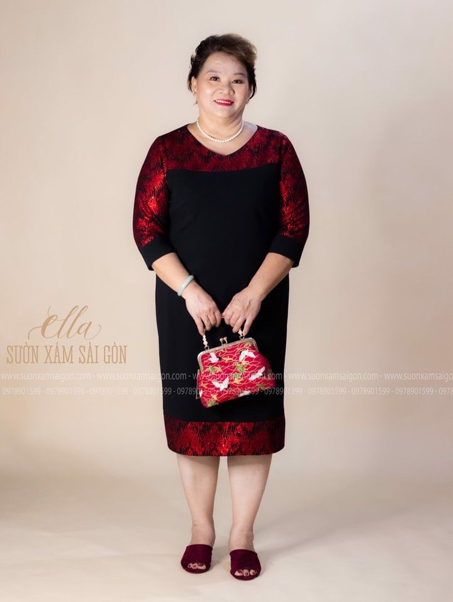 Đầm Thun Phối Hoa Văn Đỏ