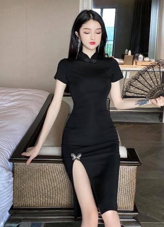 Sườn Xám Nhung Đen Bướm