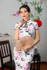 Sườn Xám Thun Hoa Mẫu Đơn Trắng Hồng