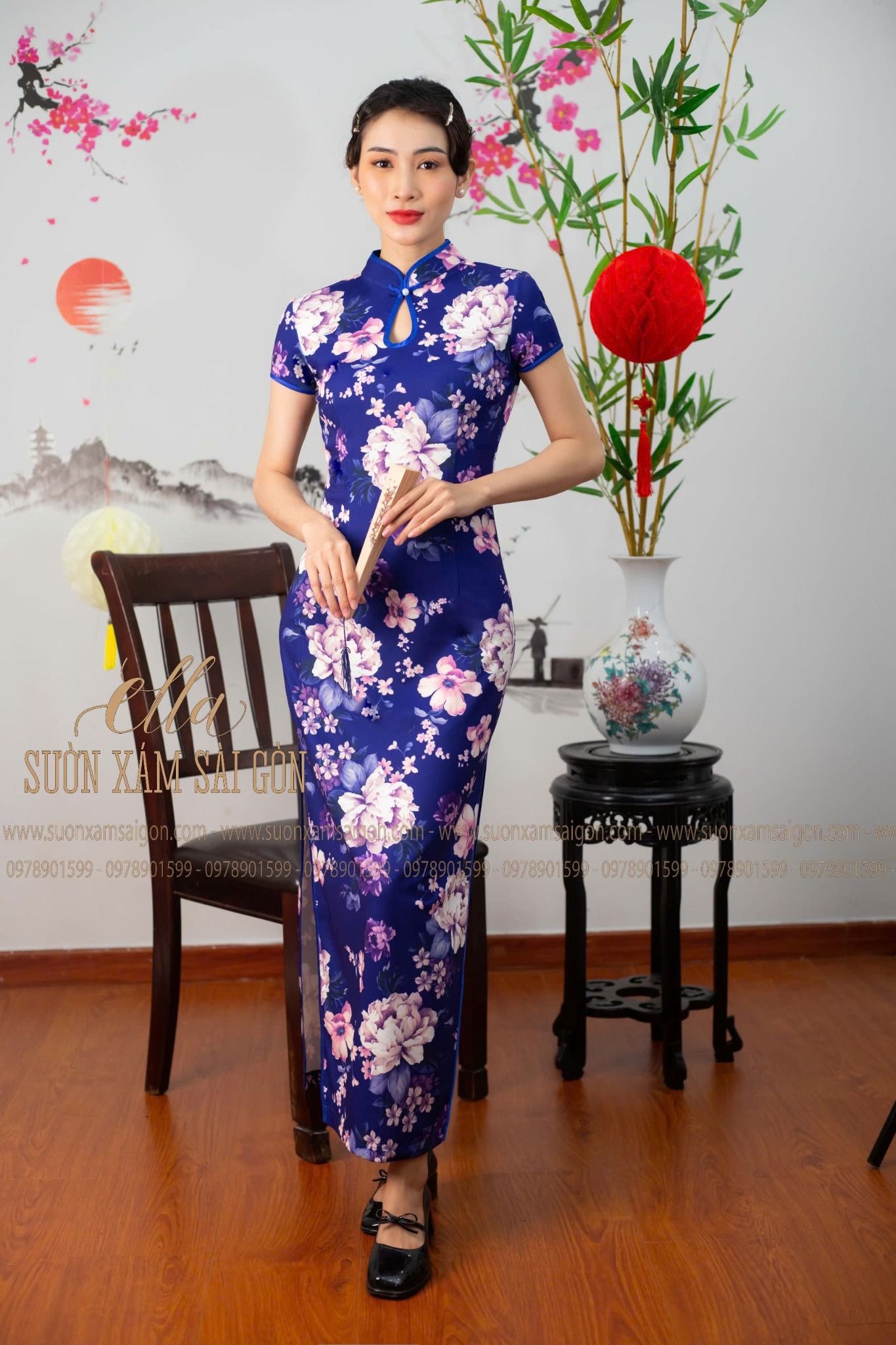 Sườn Xám Thun Hoa Mẫu Đơn Xanh Bích