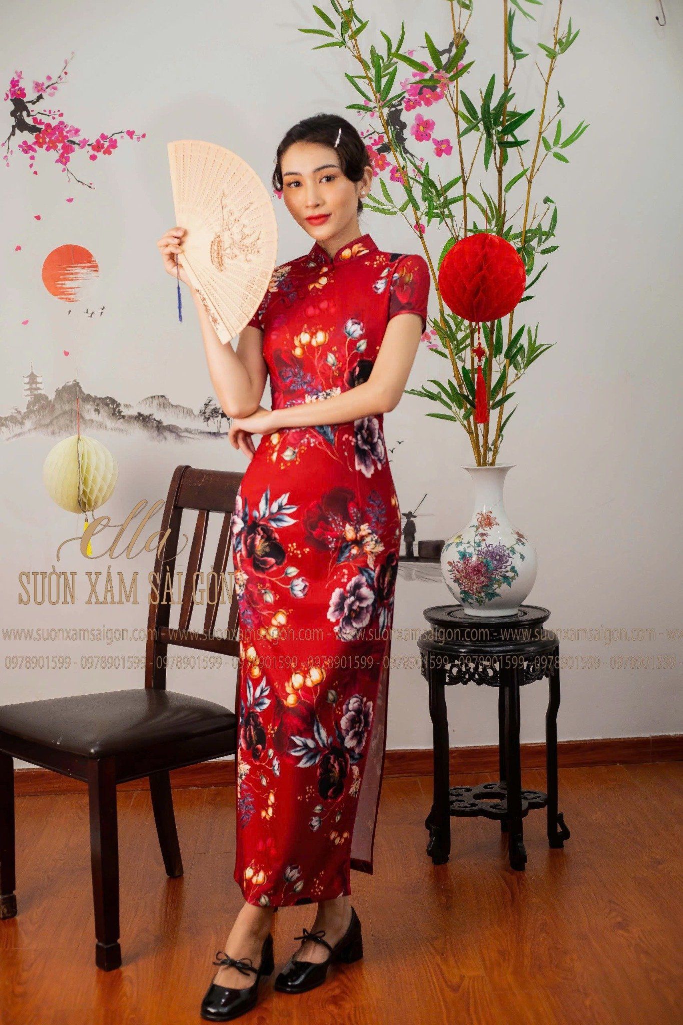 Sườn Xám Thun Hoa Mẫu Đơn Đỏ Đô