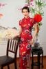 Sườn Xám Thun Hoa Mẫu Đơn Đỏ Đô