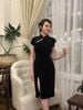 Sườn Xám Nhung Kim Tuyến Hò Xéo (Đen)