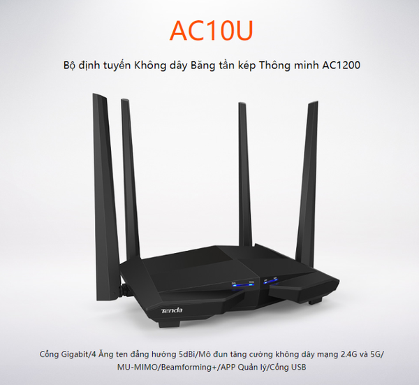 Router Wifi Tenda AC10U băng tần kép 2.4 GHz / 5 GHz
