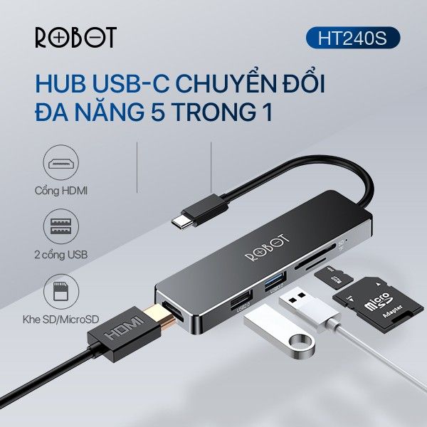 HUB Chuyển Đổi Đa Năng 5 In 1 ROBOT HT240S Type-C