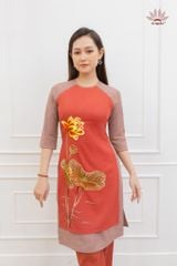 ÁO DÀI LINEN 2 TÀ THÊU SEN( CAM)