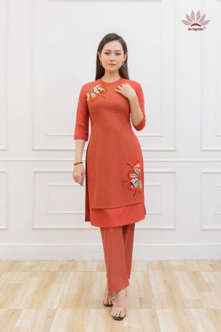 Áo dài Linen 2 tà thêu hoa ( cam )