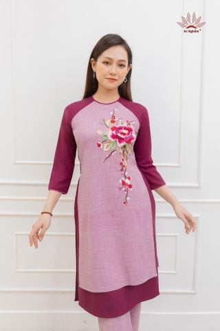 Áo dài Linen Ấn 2 tà thêu hoa( tím nhạt)