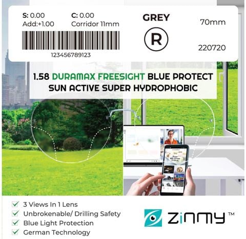  Đa Tròng Chống Bể Kỹ Thuật Số Freeform Tầm Nhìn Rộng Đổi Màu Đậm + Lọc Ánh Sáng Xanh Zinmy Freesight Blue Sun 1.56 