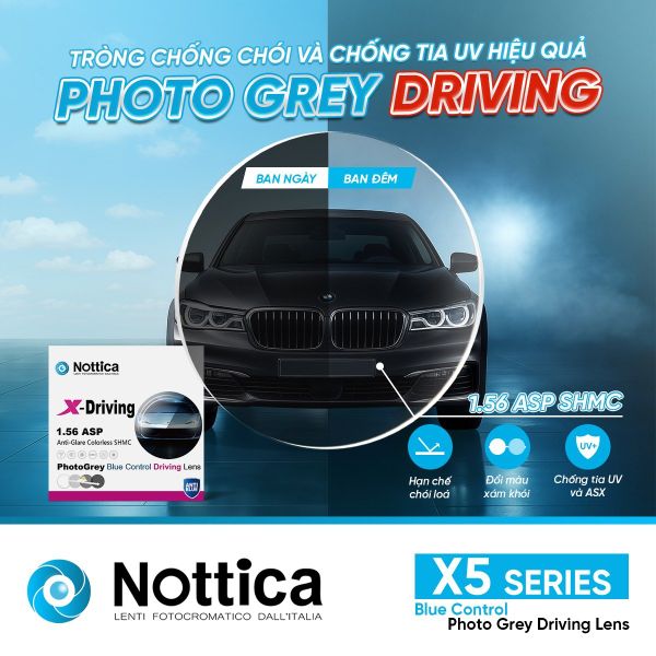 Tròng Kính Nottica X5 1.56 ASP Driving Đổi Màu Khói