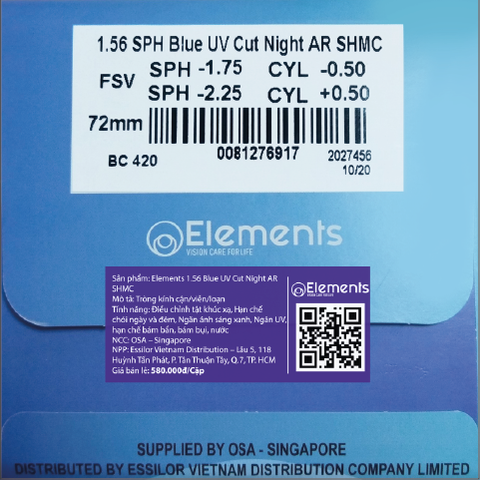  Đơn Tròng Chống Ánh Sáng Xanh Blue UV Cut Elements OSA By Essilor 