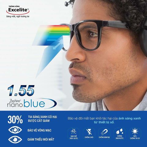  Tròng Kính Lọc Ánh Sáng Xanh Excelite 1.56 Nano Blue 