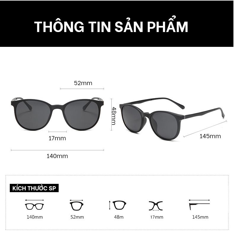 Kính Râm Cận Clip On Polarized 5 Kẹp Kính Snap Lens 12160– Mắt Kính HATO