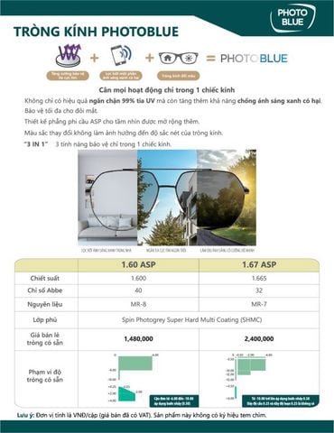  Tròng Kính Đổi Màu Mỏng Chống Ánh Sáng Xanh Chemi Photoblue 1.60 .167 