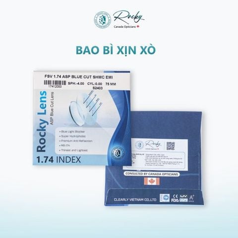  Tròng Kính Rocky 1.74 Asp Blue Cut Siêu Mỏng Chống Ánh Sáng Xanh SHMC 
