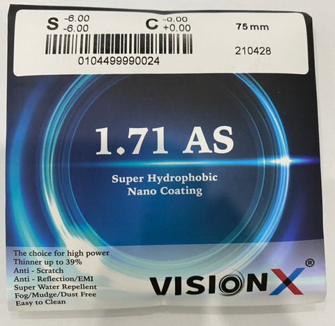  Tròng Kính Siêu Mỏng Vision X Singapore Mỏng Nhẹ Vượt Trội 1.71 AS SUPER HYDROPHOBIC NANO COATING Cao Cấp Chính Hãng 