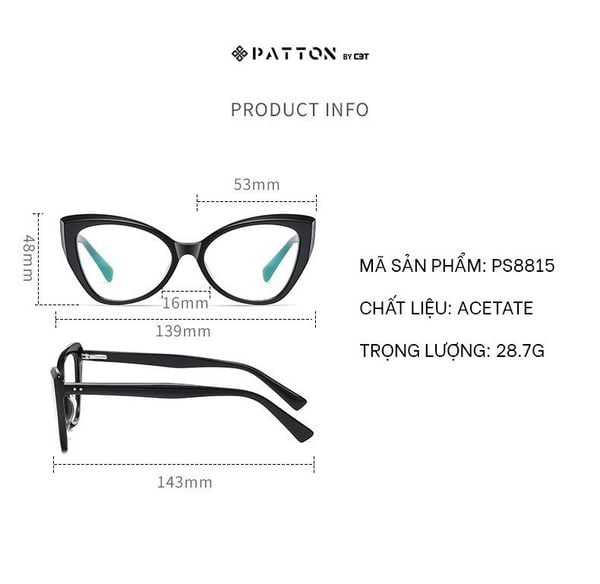  Gọng Kính Mắt Mèo Acetate Chống Ánh Sáng Xanh Patton Ps8815 