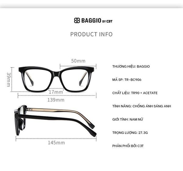  Gọng Kính Chống Ánh Sáng Xanh Blue Cut Baggio BC906 
