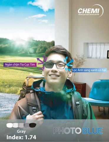  Tròng Kính Đổi Màu Khói Chemi 1.74 PhotoBlue Chống ánh Sáng Xanh 