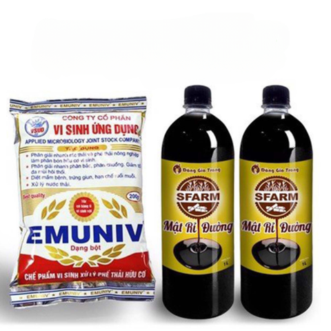 Combo bộ đôi 01 túi chế phẩm ủ rác và phân bón Emuniv 200gram và 02 chai mật rỉ đường loại 1 lít - Tại CH Đà Nẵng