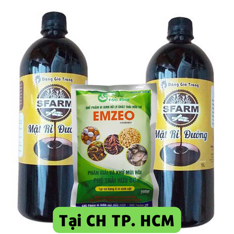 Combo bộ đôi 01 túi chế phẩm ủ rác và phân bón Emzeo 200gram và 02 chai mật rỉ đường loại 1 lít - Tại CH TP. HCM