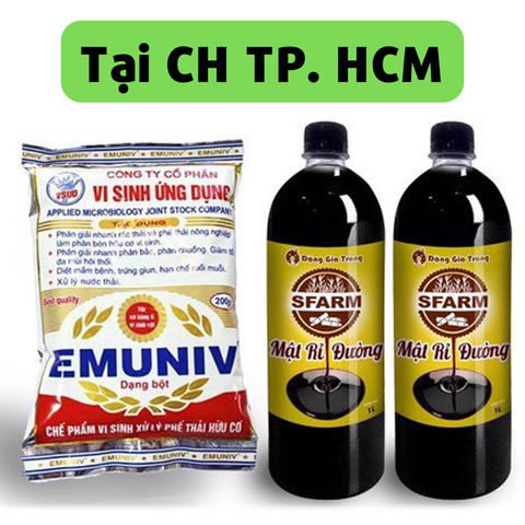 Combo bộ đôi 01 túi chế phẩm ủ rác và phân bón Emuniv 200gram và 02 chai mật rỉ đường loại 1 lít - Tại CH TP. HCM