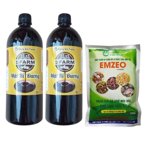 Combo bộ đôi 01 túi chế phẩm ủ rác và phân bón Emzeo 200gram và 02 chai mật rỉ đường loại 1 lít - Tại CH TP. HCM