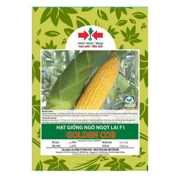 Hạt giống Ngô ngọt, Bắp Mỹ Golden Cob East-West Seed (Hai Mũi Tên Đỏ) - Gói 70 hạt