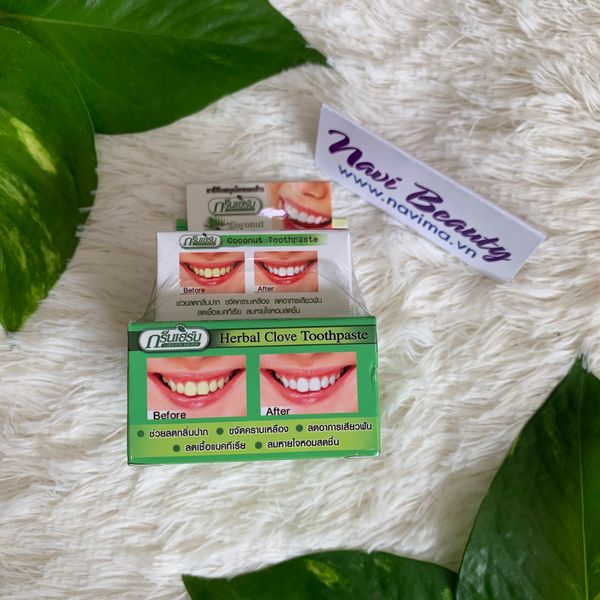 BỘT TRẮNG RĂNG HERBAL CLOVE TOOTHPASTE - SẢN PHẨM CÓ 2 HỘP THẢO DƯỢC VÀ DỪA - THAILAND