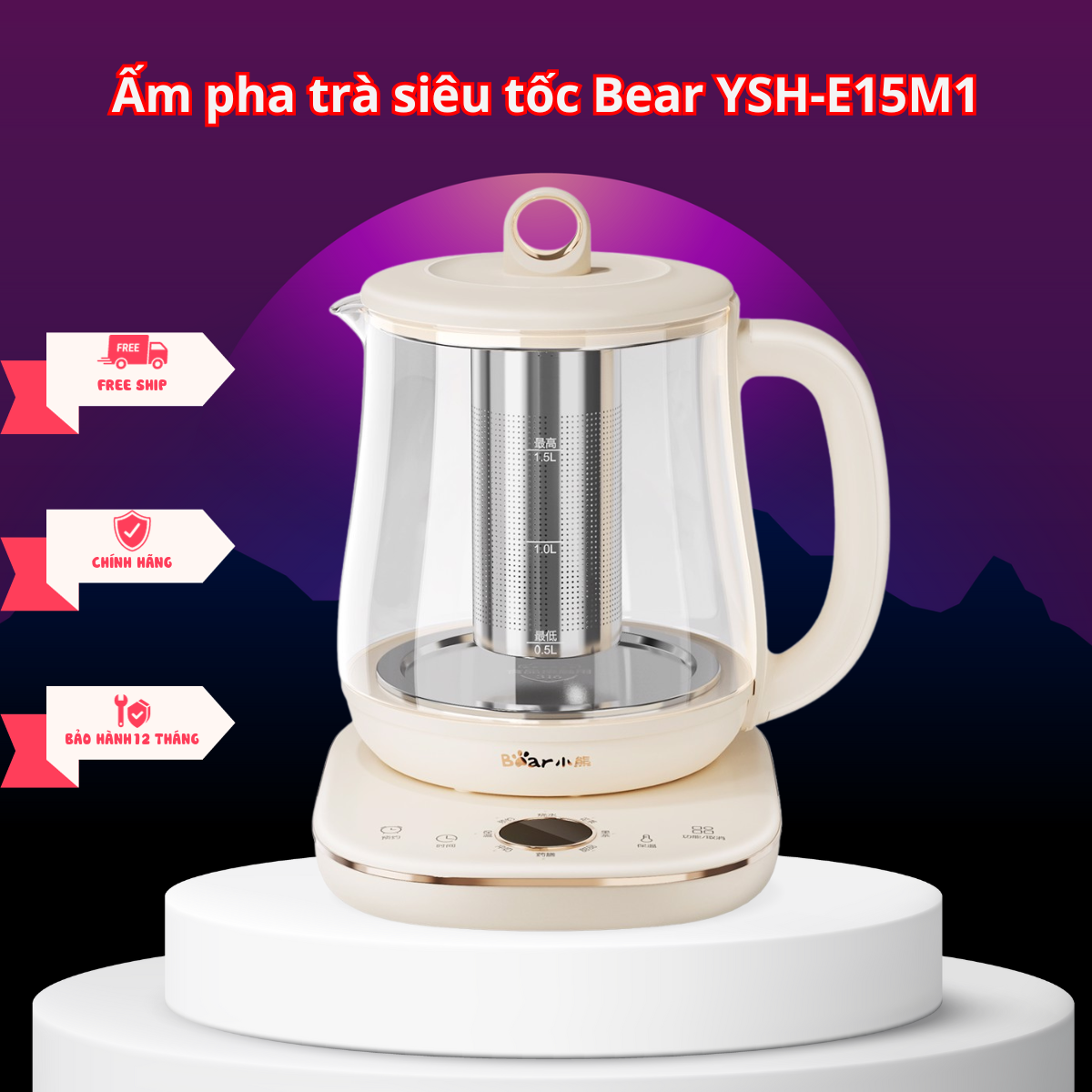  Ấm Pha Trà Siêu Tốc Bear YSH-E15M1 - Dung tích 1.5L, Hẹn giờ, Giữ ấm 