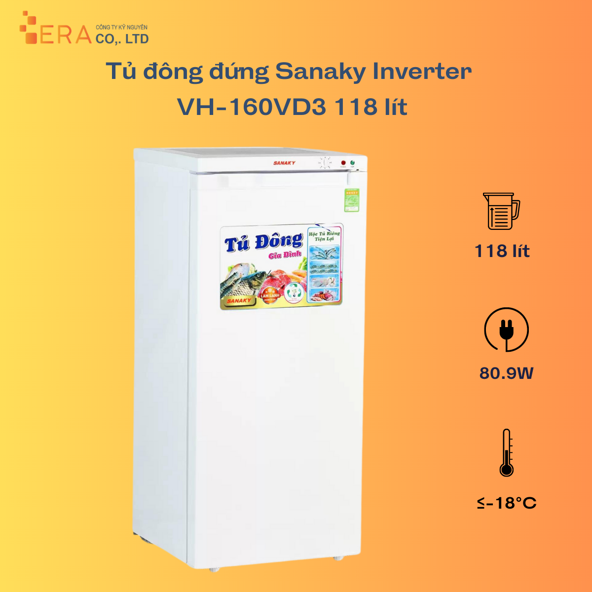  Tủ đông đứng Sanaky Inverter VH-160VD3 118 lít 