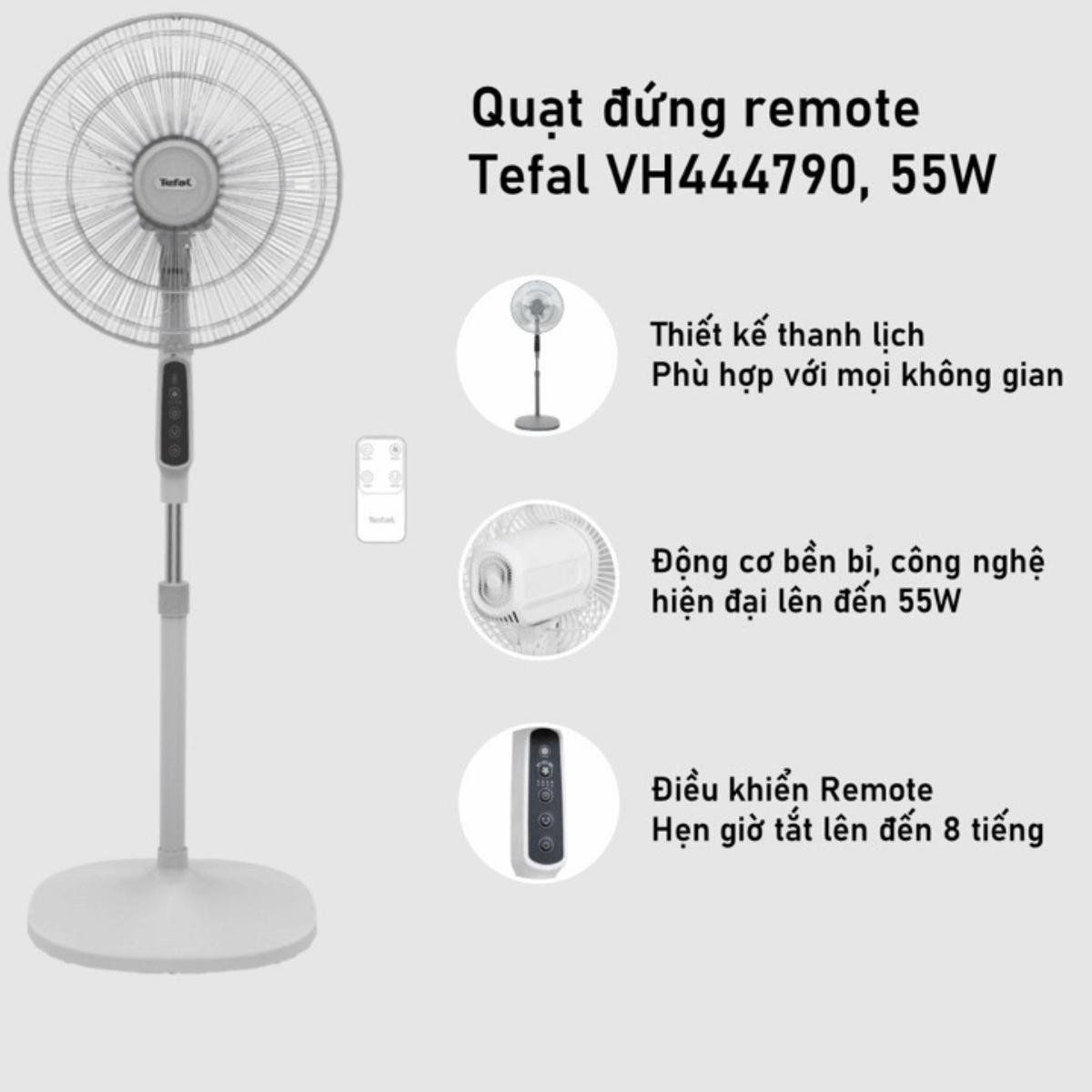  Quạt đứng có điều khiển từ xa Tefal Essential VH444790, màu xám- Hàng chính hãng 